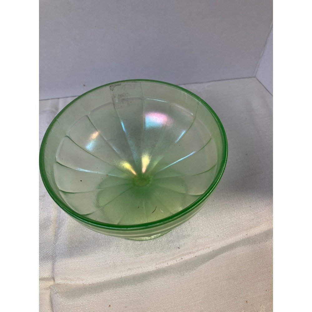Vintage Green Uranium Glass‎ Bowl Dessert Bowl Iridescent Footed Bowl